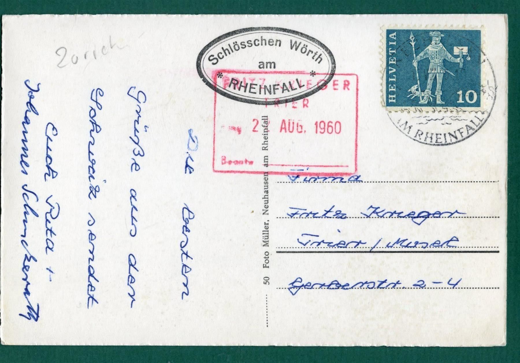 Ansichtskarten: Rheinfall, 4 Ansichten, 1960, gelaufen – Gebraucht aus Sargans von Hausi1951 1
