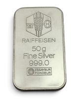 Raiffeisen Silberbarren 50g Feinsilber 999.0 Vintage