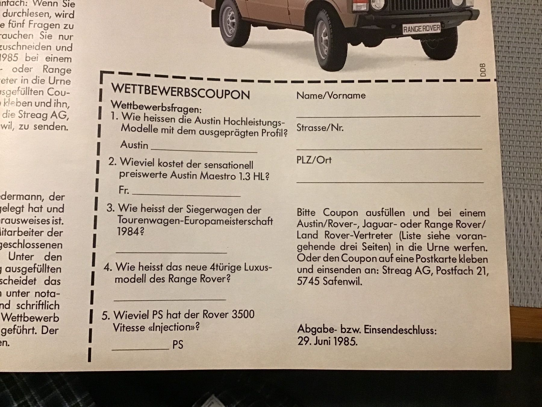 Dokumente: Englische Autos Programm 1985 20 Seiten – Gebraucht aus Scherzingen von Starseller62 7