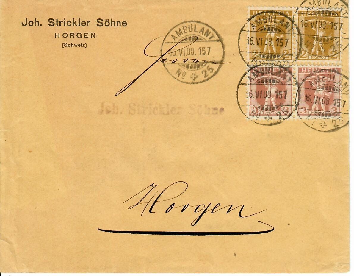 Alle Briefmarken: Brief, Joh. Strickler Horgen - Ambulant 1908 – Gebraucht aus Hochdorf von Ziegel-16