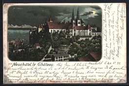 Lithographie Neuchâtel, Schloss, 1899
