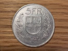 Schweizer 5 Franken Münze 1939 B gebrauchter Zustand