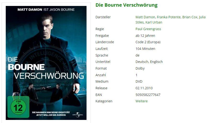 Tutti i DVDs: Die Bourne Verschwörung (DVD) – Usato da Buchrain venduto da Sssschaller