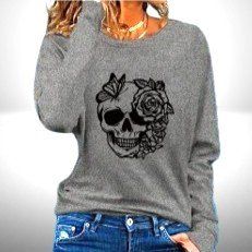 ☠️Totenkopf-Druck Langarm T-Shirt–Statement in Dunkelgrau!☠️