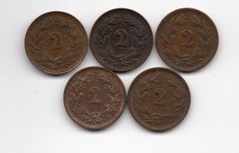 (2795) 5 x 2 Rappen 1906/13/18/19/37, vz