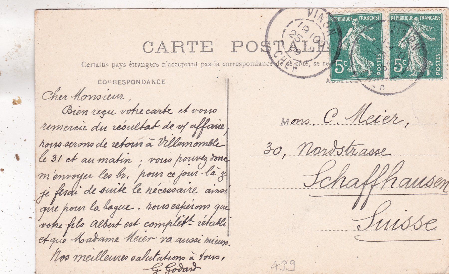 Cartoline postali: Frankreich Sancerre 1909 – Usato da Herisau venduto da Lisegrat2008 1