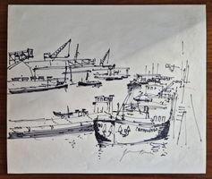Dessin Bernard Gantner "le port de Bâle" signé tableau