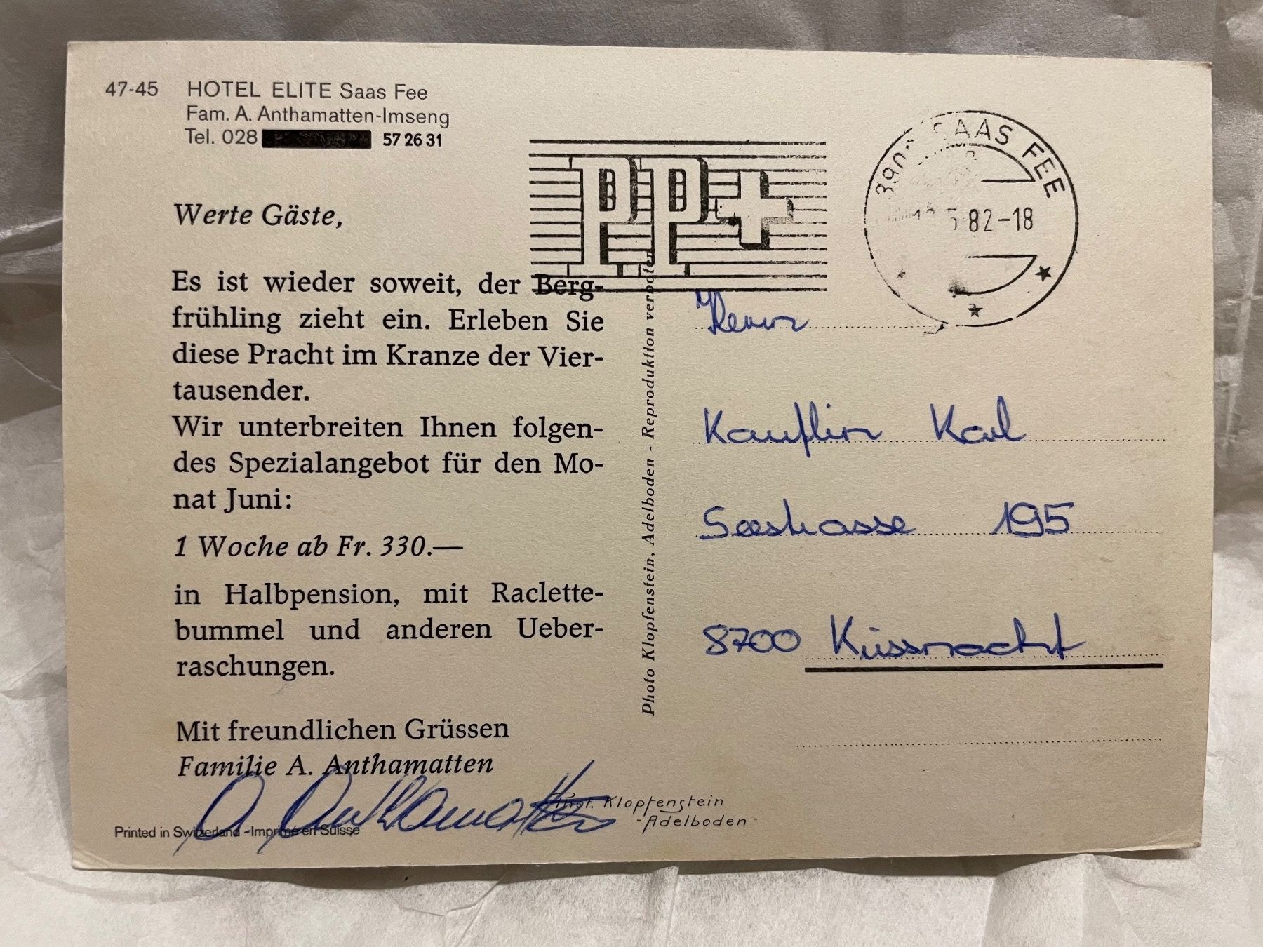 Cartoline postali: AK von Hotel Elite in Saas Fee – Usato da Rümlang venduto da euqinom16 1