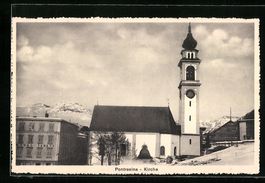 Pontresina, Kirche und Hotel Sabatz im W