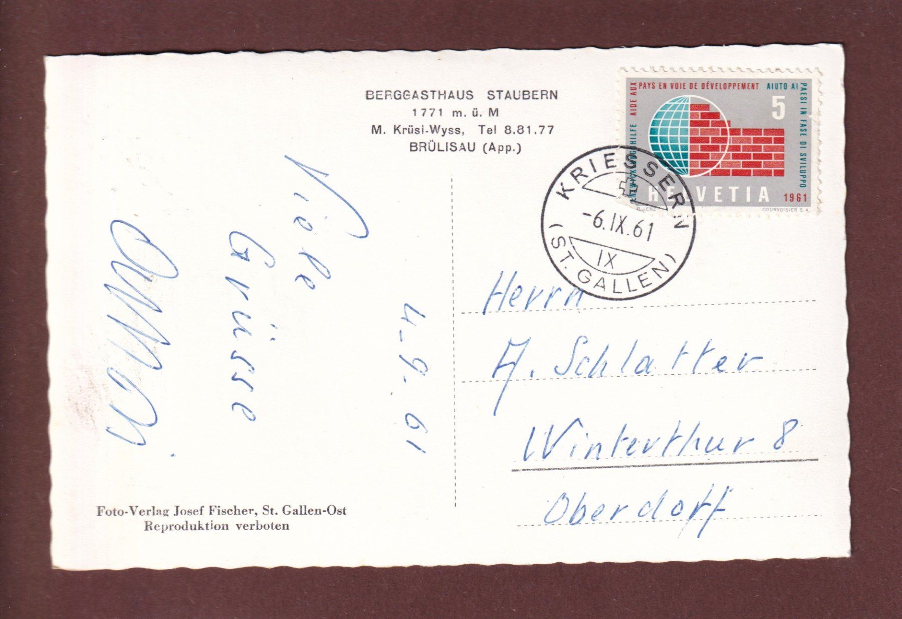 Cartoline postali: Berggasthaus STAUBERN - 1961 – Usato da Pully venduto da nicecards 1