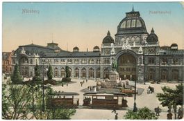 AK Nürnberg Hauptbahnhof vor dem Krieg, mit Tram
