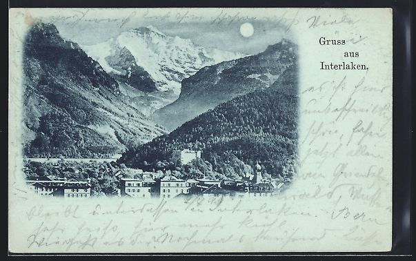 Cartoline postali: Mondschein-AK Interlaken, Ortsansicht – Usato da Berlin venduto da bartko-reher