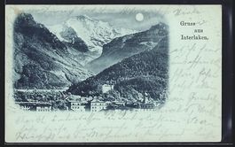 Mondschein-AK Interlaken, Ortsansicht