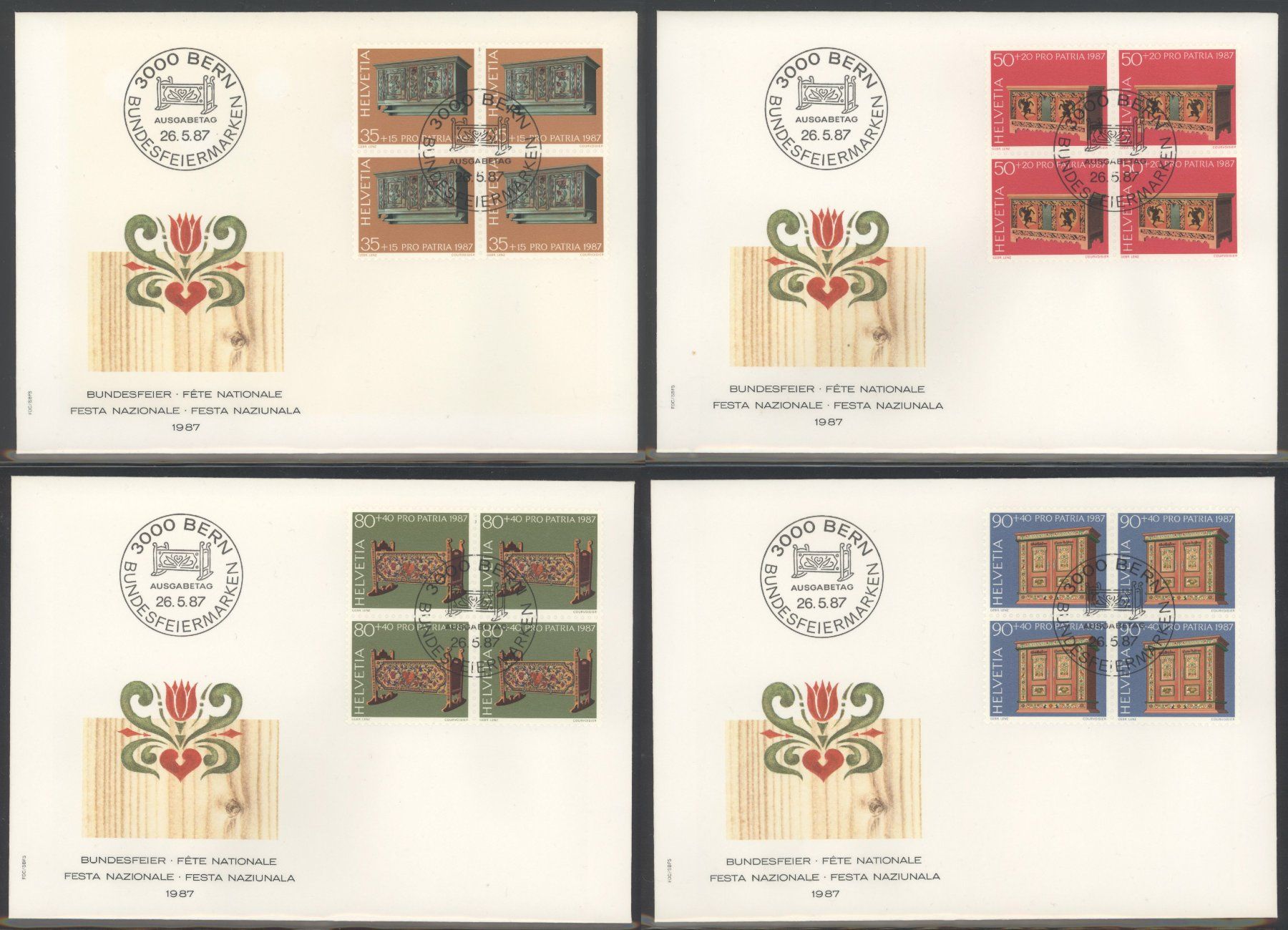 Tutti i francobolli: 1987, Pro Patria, FDC, Viererblöcke – Usato da Willisau venduto da Vollstempel