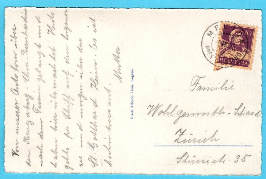 Cartoline postali: Lugano Melide 1933 – Usato da Zürich venduto da Sion2006 1