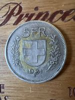 Schweizer 5 Franken 1931 B Silbermünze Zustand gut