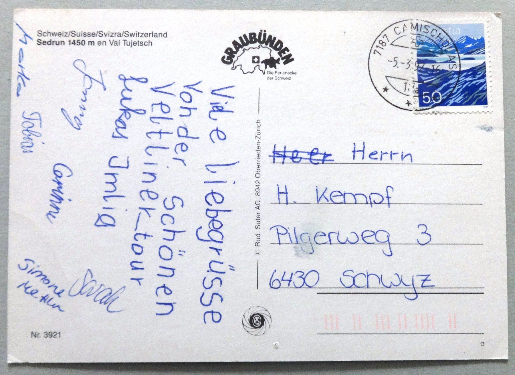 Cartoline postali: Sedrun 1450 m en Val Tujetsch – Difettoso da Fétigny venduto da Billy2miny 1