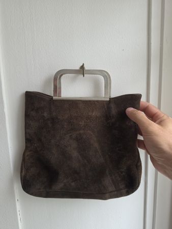 Vintage Handtasche dunkelbraun Wildleder, Henkel Silberfarbi