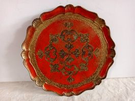 Antik Platte rot & gold Tablett verziert Italy Trade Mark