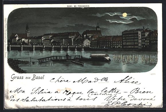Ansichtskarten: Litho Basel, Panorama mit Rheinbrücke – Gebraucht aus Berlin von bartko-reher