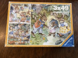 Vintage Ravensburger Puzzle 3x49 Teile Hasen Motiv gebraucht