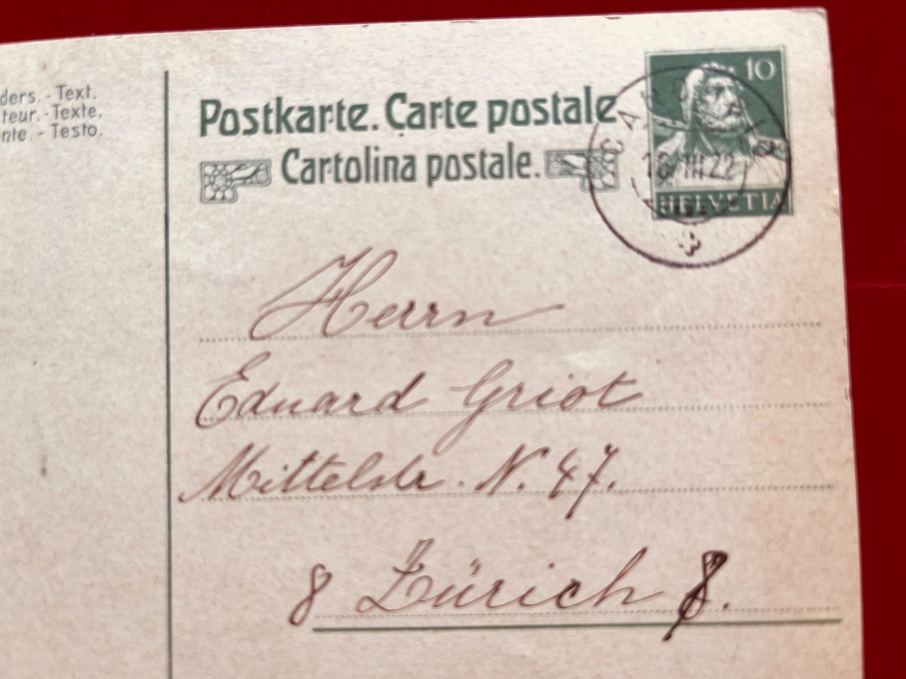 Cartoline postali: 4 Schweizer Postkarten, beschrieben, gestempelt von 1922 – Usato da Adliswil venduto da eri.40 4