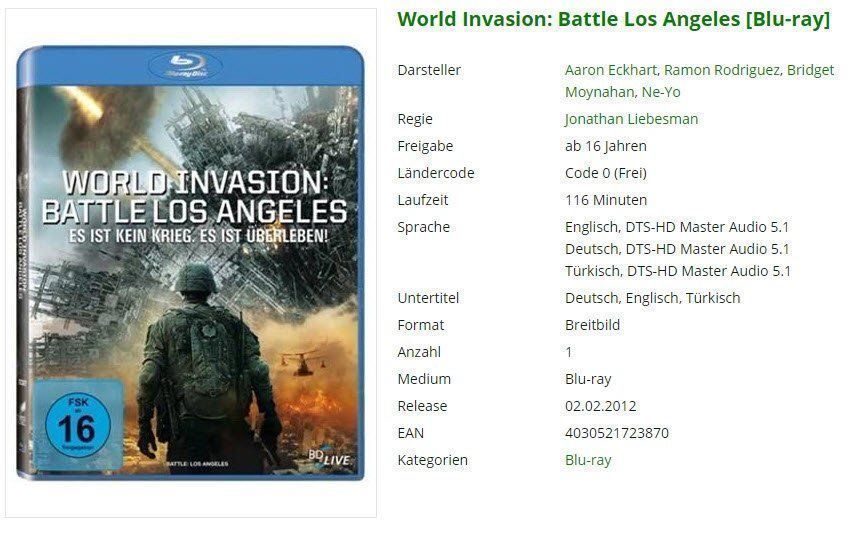 Tutti i DVDs: World Invasion: Battle Los Angeles – Usato da Buchrain venduto da Sssschaller