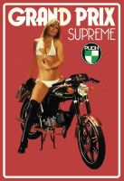 Blechschild-PUCH-GRAND PRIX SUPREME MIT BIKINI GIRL
