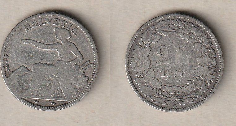 Alle Münzen: 2 Franken 1850, sitzende Helvetia – Gebraucht aus Allschwil von Coinfreak