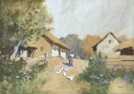 Antal Neogrady aquarelle ferme avec oies