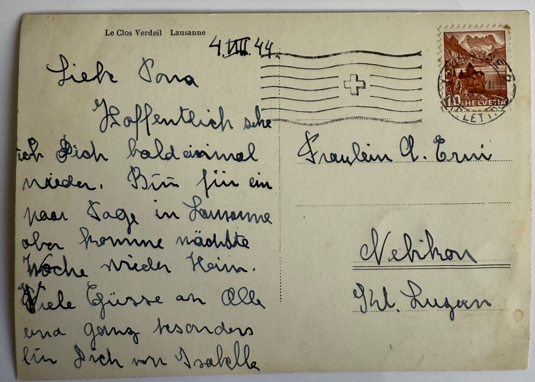 Ansichtskarten: Lausanne - Le Clos Verdeil. Av. du Grey 1944 – Gebraucht aus Lutry von Ediego 1