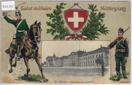 Militärgruss - St. Gallen - Kaserne u. Kantine - Präge-Litho