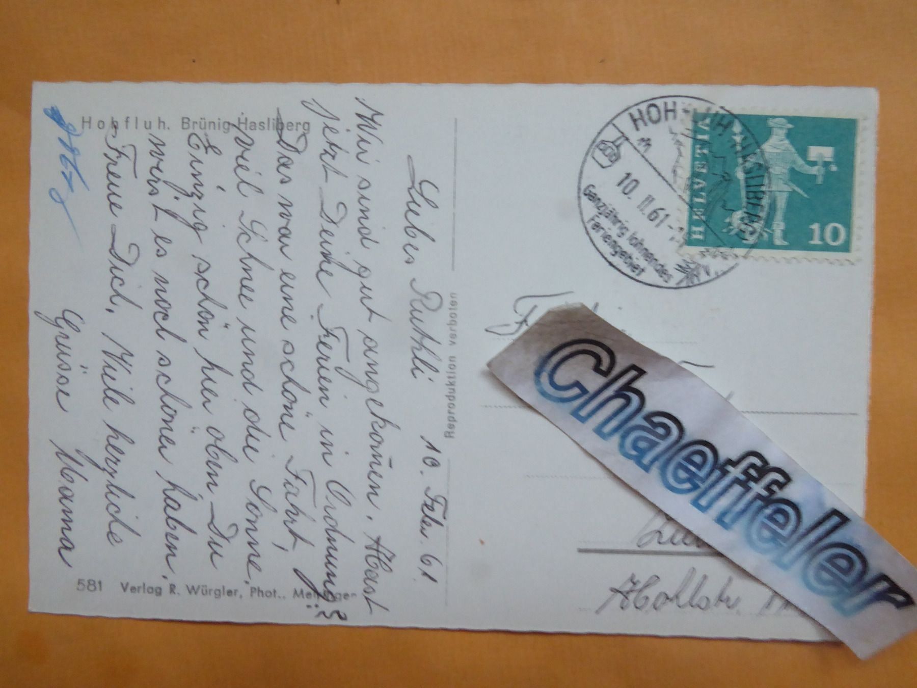 Ansichtskarten: 1961  Hohfluh. Brünig-Hasliberg – Gebraucht aus Zürich von Chaeffeler 1