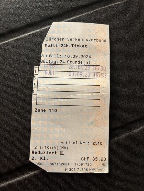 SBB Stempelkarten-Billet ZVV Zone 110 4mal 24h Std. Halbtax (Gebraucht ...