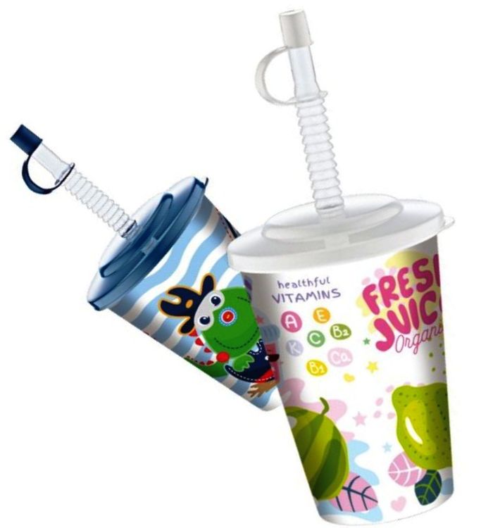  2 x Kinder Trinkbecher mit Deckel +Trinkrohr aus Kunststoff (Neu und Motiv 