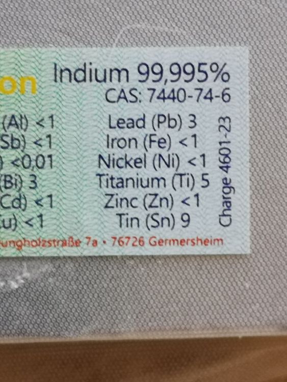 Indium Barren 100g 99,995% Reinheit - Hochreines Metall 4N5 In99,995