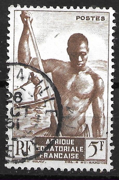 Tous les timbres: Französisch-Äquatorialafrika 1947: Einbaumfahrer 5 Francs – D'occasion à Zürich par Rainstamps