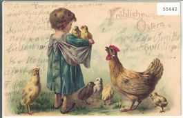 Fröhliche Ostern - Joyeuses Pâques - Hühner - Präge-Litho