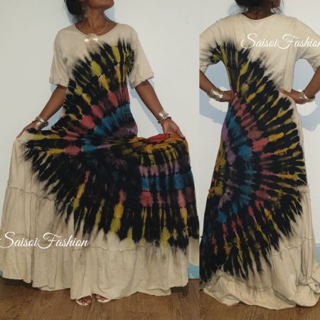 Batik Handgefärbt Sommer  Boho 100%Baumwolle Maxikleid S-L