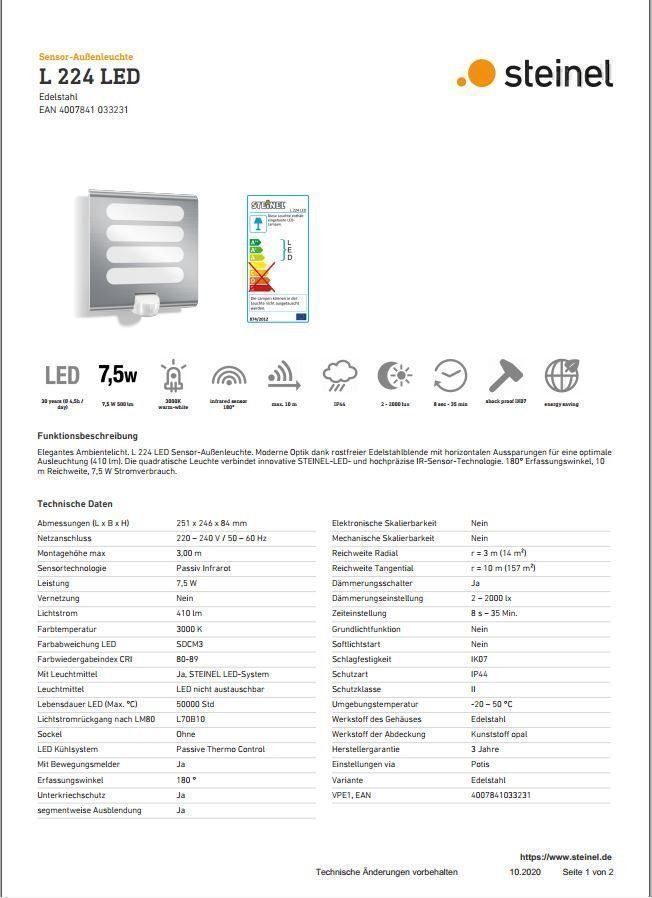 Lampadari & plafoniere: Steinel L224 Led Lampada da est. sensore – Nuovo (secondo la descrizione) da Coldrerio venduto da camillo71 3