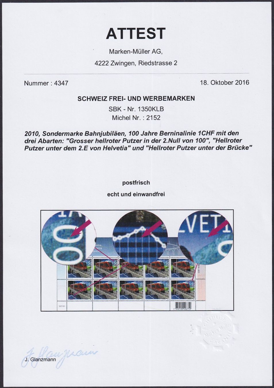 Tutti i francobolli: 2010, Kleinbogen BAHN: Nr.1350.KLB mit 3 Abarten +Attest ! – Usato da Sursee venduto da Luzernerraute 2