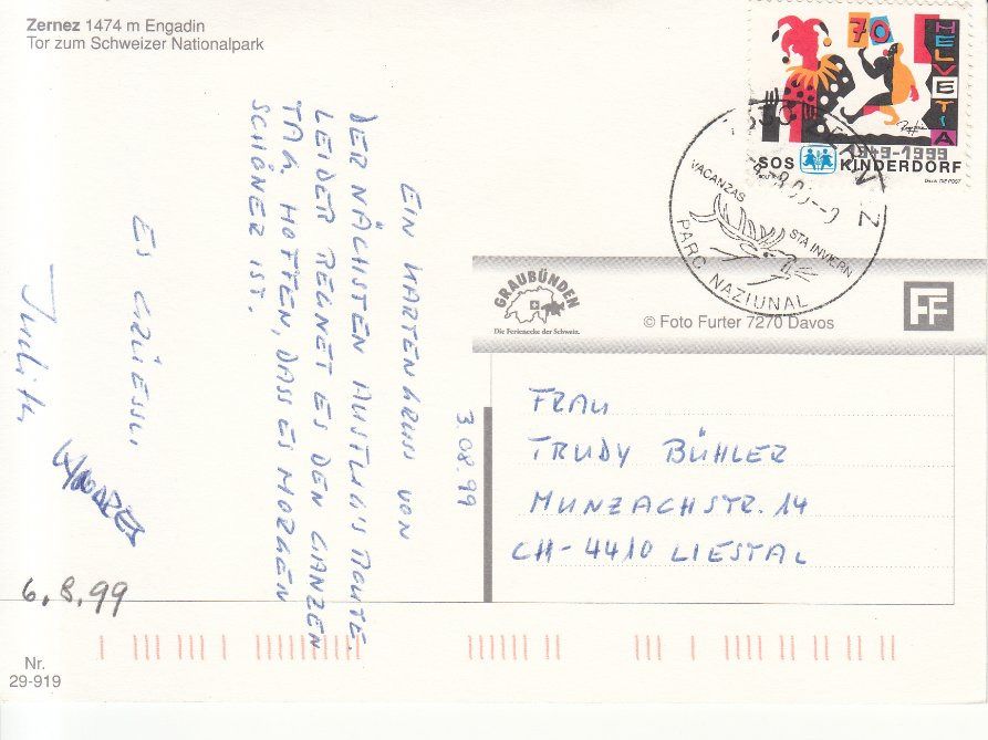 Cartoline postali: Zernez 1999 – Usato da Bürglen TG venduto da StampGraf 1
