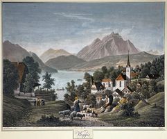 Weggis, 1840. Altkolorierte Aquatinta (A.Winterlin / J.Ruff)