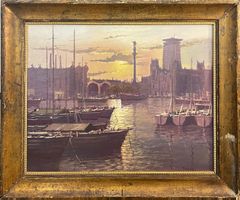 Dipinto olio su tavola, Scena di porto, Torregassa, XX sec.