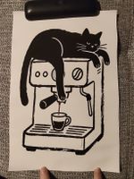 affiche sur toile artistique chat noir machine café 