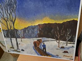 Winterlandschaft Ölgemälde Pferd am Holzrücken signiert