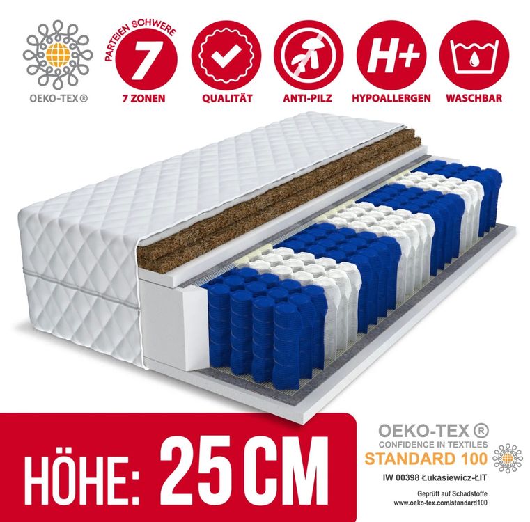Produktbild von Matratze 140x200 HOME MAX DUO 25cm 7 Zonen H3 H4 Premium Taschenfederkern KOKOS