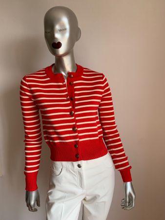 AMI: Edler rot weiss gestreifter Cardigan, 100% Merino, Gr S
