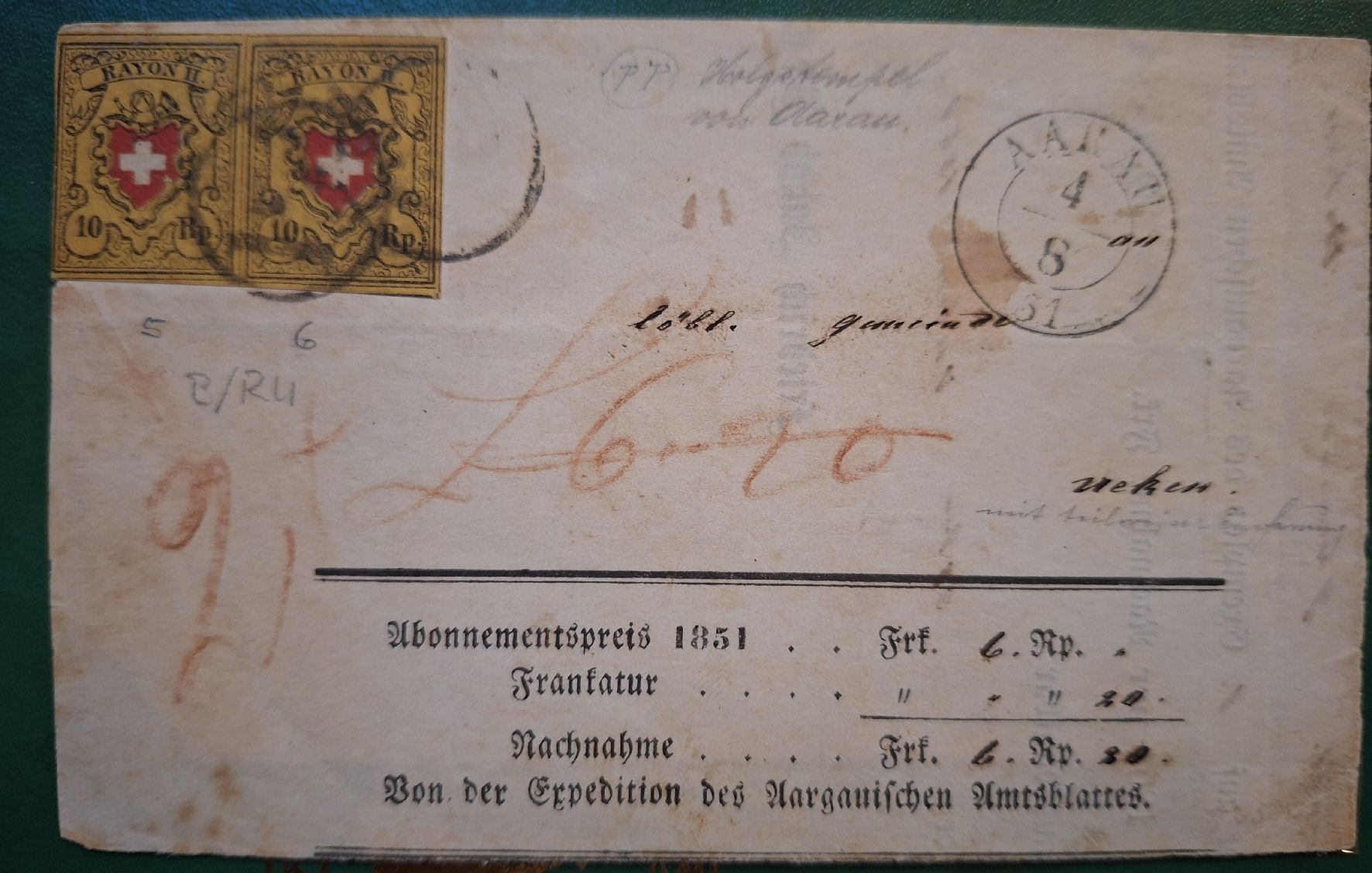Tutti i francobolli: Rayon 16II Adressteil Stein B Typ 5 / Typ 6 PP Aarau – Usato da Balgach venduto da SIMEON27