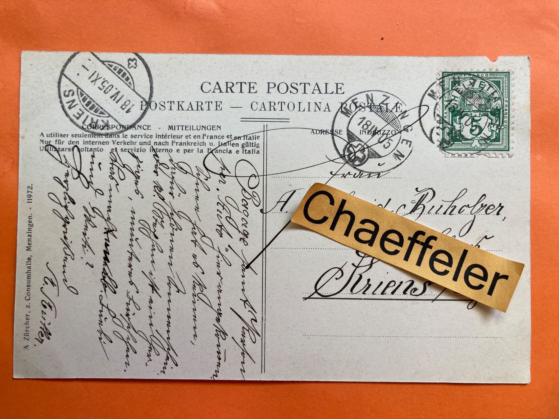 Cartoline postali: 1905 Menzingen.  Kloster – Difettoso da Zürich venduto da Chaeffeler 2